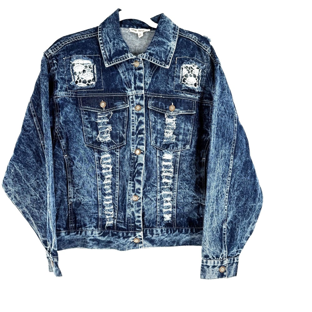 Indigo Thread Co. Acid Wash Denim Trucker Jacket Women's S Distressed Lace NEW